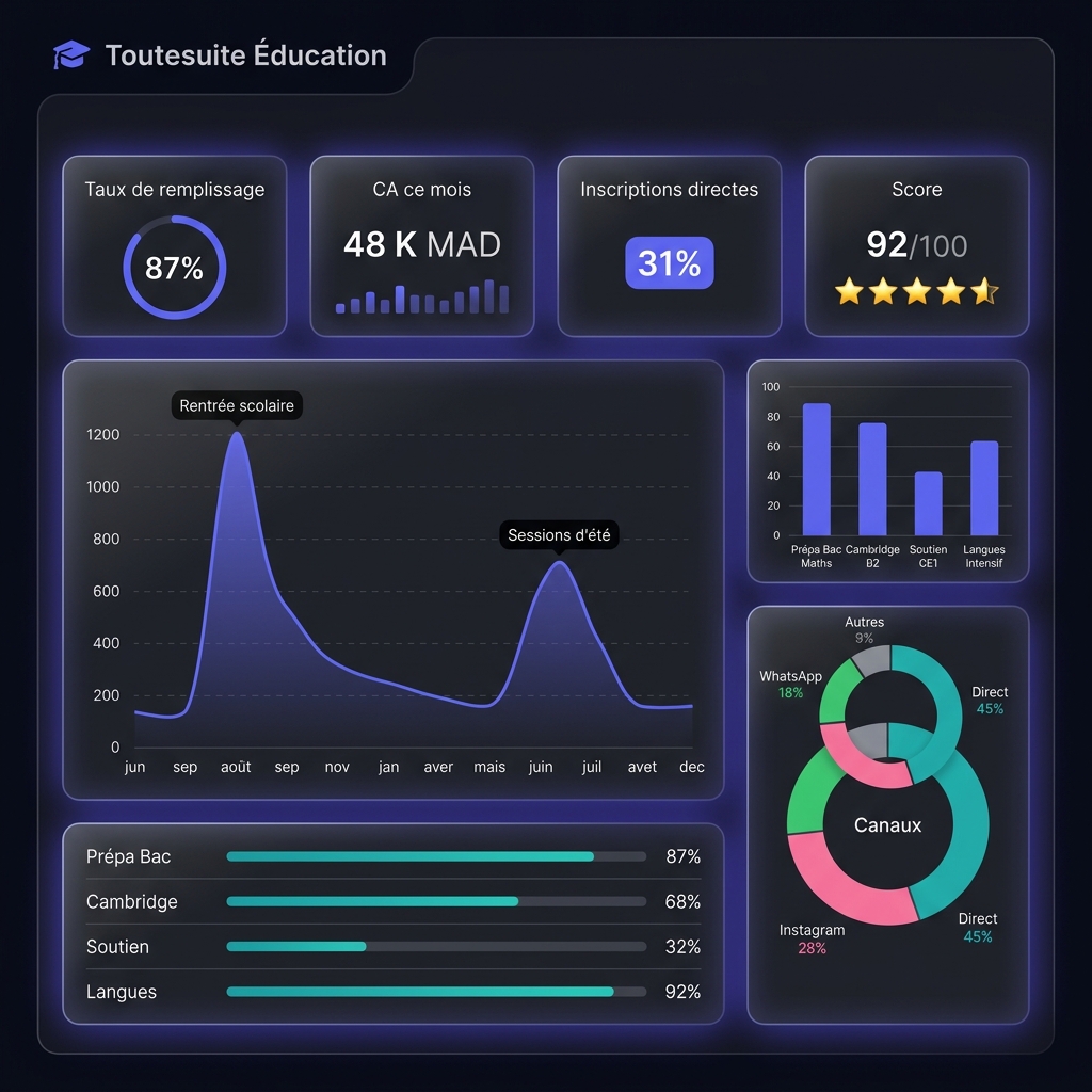 ToutSuite Éducation — Analytics, taux de remplissage des programmes & CA par session